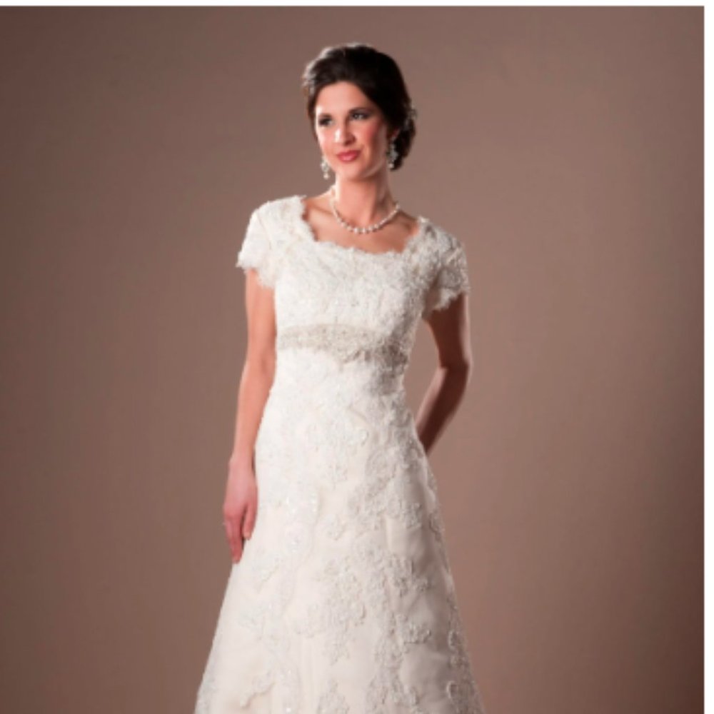Casablanca White beaded belted wedding dress sz 12, Modest. $150 OBO